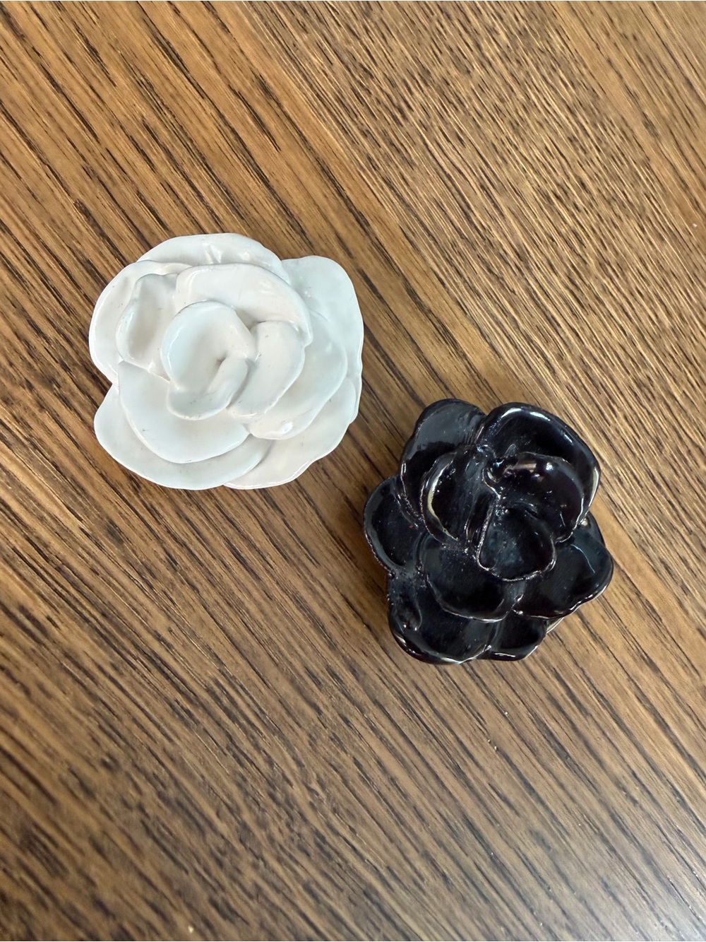 Vintage 3D Glazed Ceramic Flower Brooch Pin Set • Black & White Camellia Roses